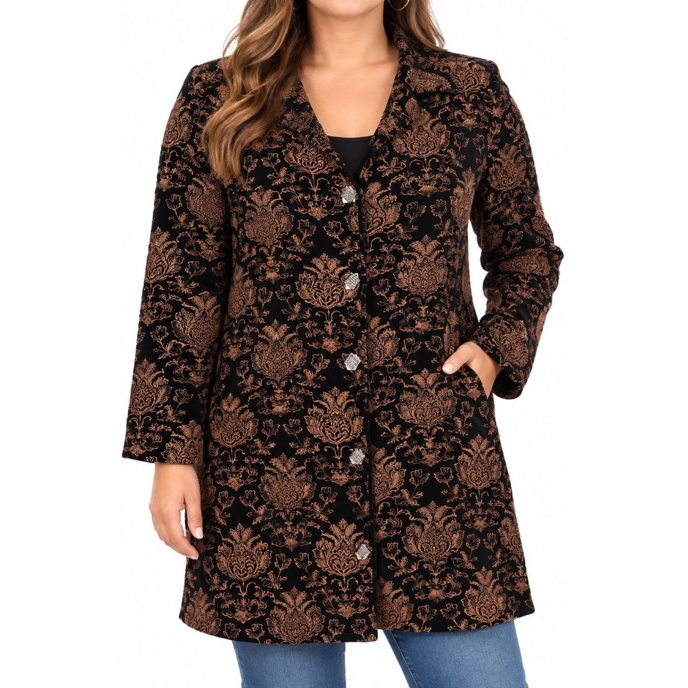Ania A Womens Black Gold Damask Velvet Embroidered Coat Jacket L USA Made